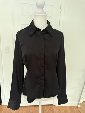 Black Satin Button Down Blouse Size S – Elegant Minimalist Shirt